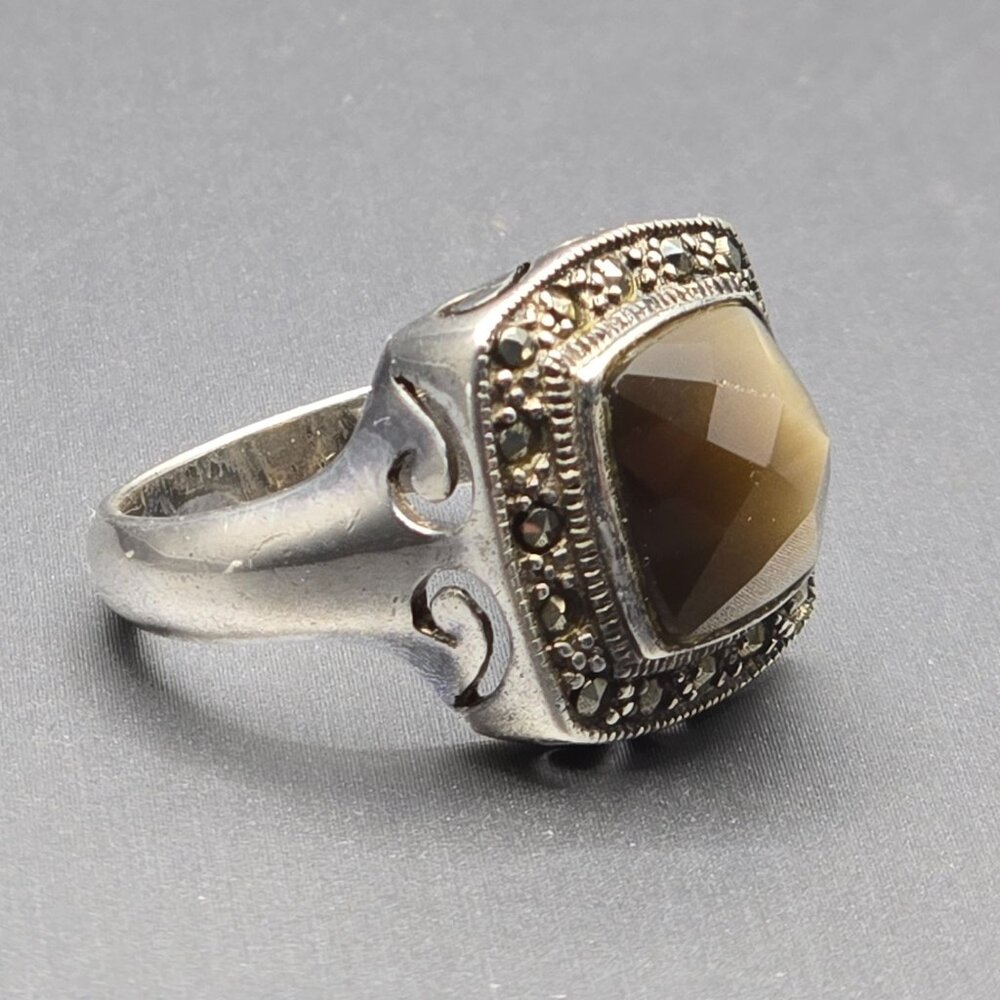 Sterling Silver 925 Smokey Quartz Marcasite Ring Size 8 Checkerboard Dome 7.02g - Picture 13 of 15